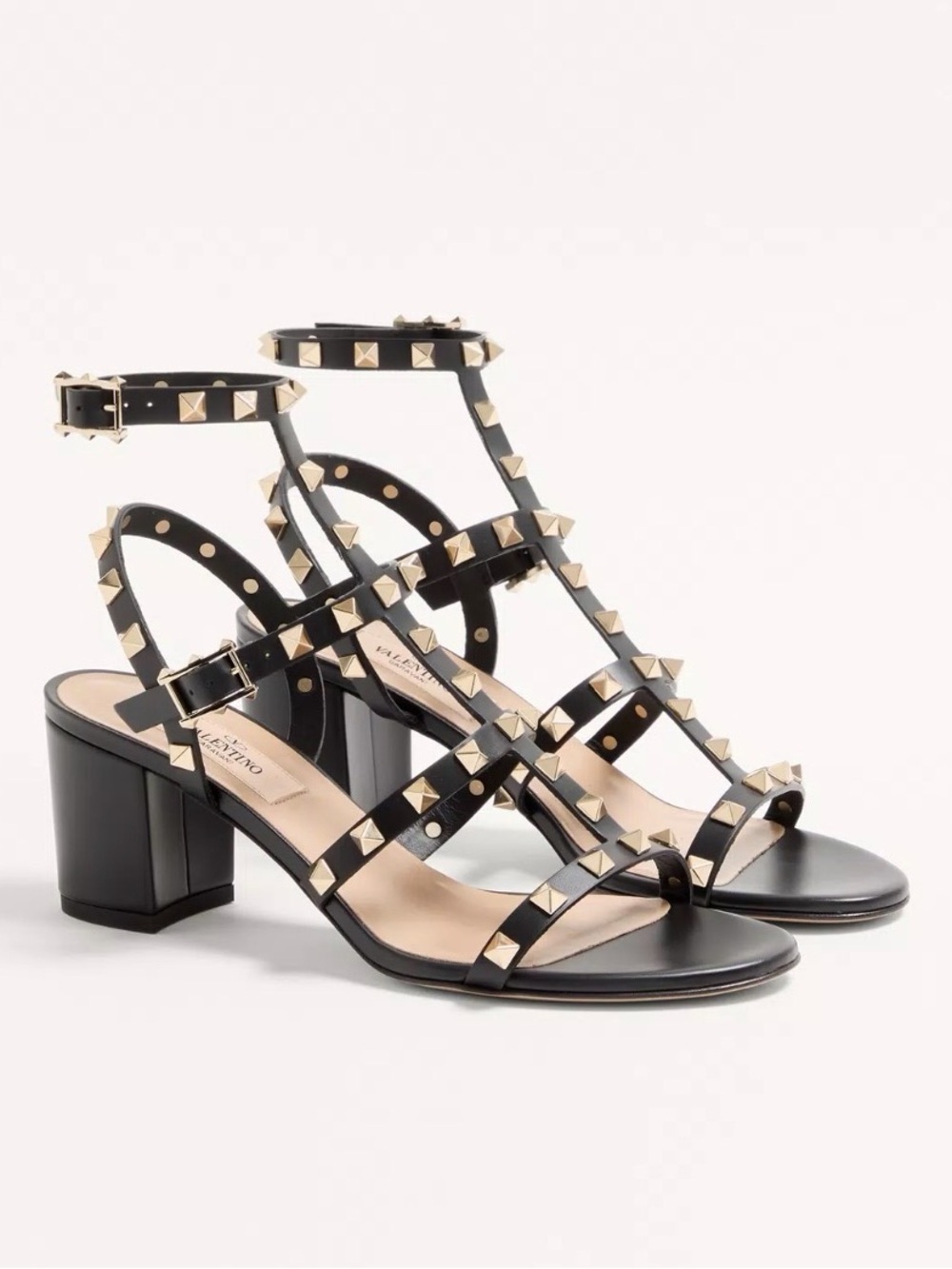 Valentino Garavani Black Leather Rockstud Block Heel Sandals